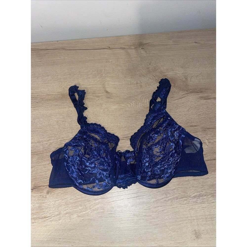 Vintage Delicates Style 3150 Underwire Bra 36 C Navy Lace Embroidered Sheer